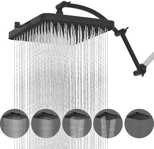 Hibbent Rain Shower Head, 13'' High Pressure Rainfall 5 Spray Mode Showerhead with 16" Shower Head Extension Arm, Solid Brass Adjustable Shower Arm Extender, Waterfall fixed Showerheads, Matte Black by Hibbent