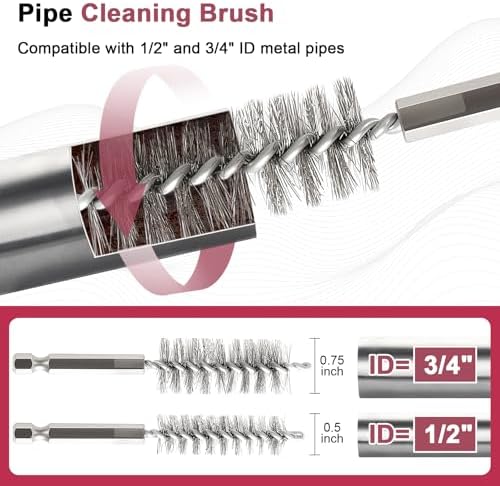 Copper Pipe Cleaner for Drill, Plumbing Tools Set 1/2" & 3/4" with 1/4" Hex Shank & 6 Brush Blades & 2 Pipe Brush, for Removing Rust, Stains & Paint from Copper & Metal Pipes, Red, Metal Cleaning Kit - Image 6