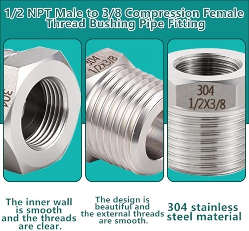 1/2 NPT Male to 3/8 Compression Female Thread Bushing Pipe Fitting（Lead-Free）,304 stainless steel Water Line Adapter, Supply Line Adapter for Kitchen Bathroom Plumbing - Image 5