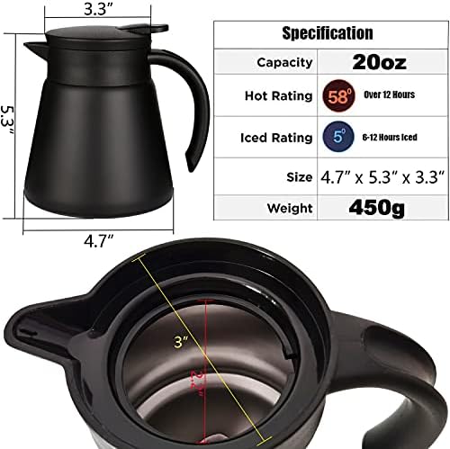 Thermal Coffee Carafe Tea Pot 20 Oz Stainless Steel Insulation Pot Double Wall Vacuum Insulated Coffee Water & Beverage Dispenser (Black) - Image 2