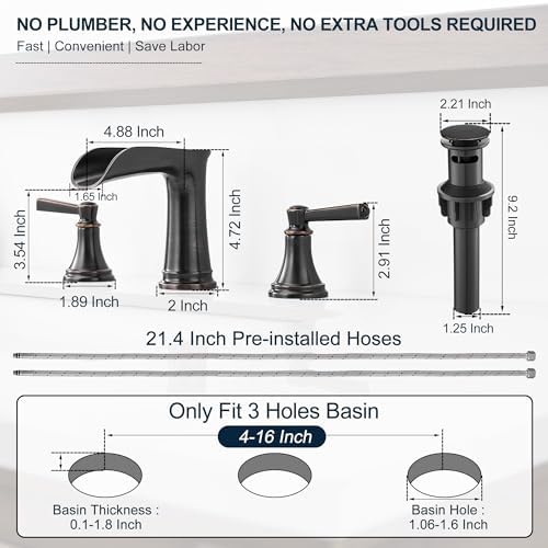 Brass 8 Inch Oil Rubbed Bronze Bathroom Faucet Waterfall Widespread Bathroom Faucets for Sink 3 Hole 2 Handle with Pop up Drain & Pre-Installed cUPC Water Hose for Vanity, 10 Mins Install - Image 3