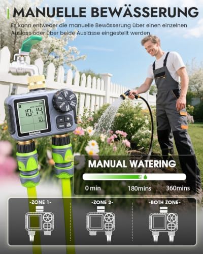Insoma 2-Zone Sprinkler Timer Brass Inlet/Outlet, Water Hose Timer with Auto/Manual Modes + Rain Delay | Big LCD Dispay | Hose Timers for Garden, Yard Lawn, IPX5 Waterproof & Save Water - Image 4