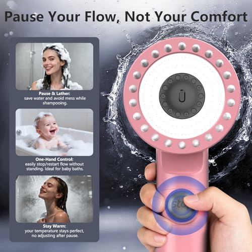 Filtered Shower Head with Handheld, High Pressure Water Flow and Multiple Spray Modes Shower Head with Filter, Power Wash for Hard Water, Showerhead with ON/OFF Switch for Pets Bath (Pink) - Image 5