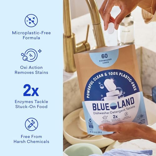 BLUELAND 100% Plastic-Free Dishwasher Detergent Tablets, 60ct, Free & Clear - Image 3