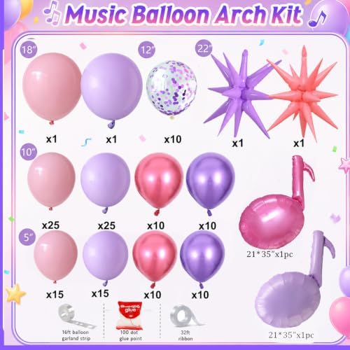 K POP Music Birthday Decorations, 162Pcs Pink Purple Balloon Garland Arch Kit with Music Note, Disco Ball, Checkered Heart, Lightning and Star Foil Balloons for Movie Singer Theme Party - Image 3