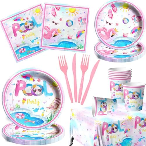 Pool Party Supplies,141pcs Pink Pool Birthday Tableware Decorations Pool Party Plates Cups Summer Theme Napkins Beach Ball Tablecloth for Hawaii Party Decoration by Lenyunge