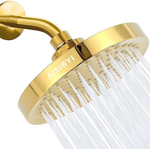 High Pressure Rainfall Shower Head, 6 Inches Showerhead with Perfect Adjustable Replacement, Removable Restrictor, Easy Installation for Your Bathroom Shower Heads (Deluxe Gold + Shower Arm) by AISINYI
