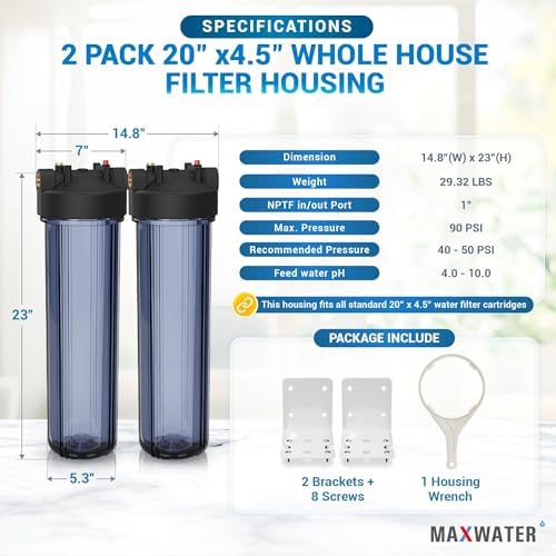 Max Water Whole House 20" x4.5" Purple Clear WH Water Filter Housing 1 inch Inlet/Outlet Ports with Wrench and Bracket (2 Housing) - Image 2