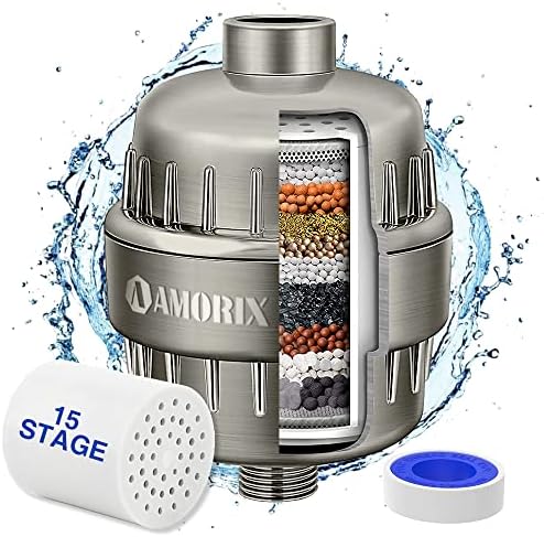 Brushed Nickel Shower Filter 15 Stages Shower Head Filter for Hard Water by AMORIX