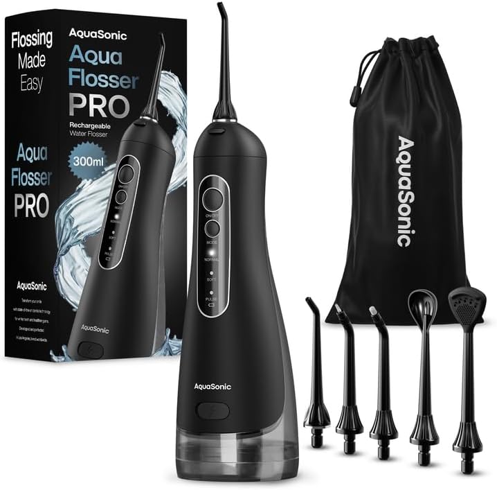 AquaSonic Aqua Flosser PRO - Rechargeable Electric Cordless Water Flosser for Teeth, Gums & Tongue - Waterproof Modern Design, 300ml Large Tank, 3 Modes, 6 Jet Tips, Deluxe Tongue Nozzle - Black by AquaSonic
