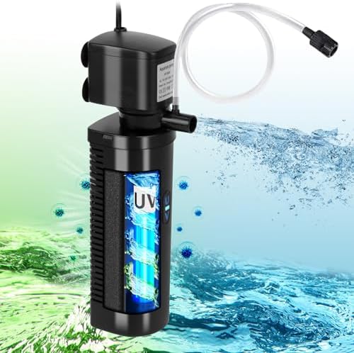 TARARIUM Aquarium Filter U-V for 20-75 Gallon, 200GPH Fish Tank Filter w/ 5W U-V Light Green Clean Machine Submersible Powerful Pump Internal Filter for Turtle Tank Saltwater Freshwater Crystal Clear by TARARIUM