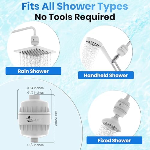 Shower Head Filter For Hard Water 20 Stages to Remove Chlorine Fluoride Water Softener Coconut Shell Activated Carbon Reduces Dry Itchy Skin Heavy Metals Other Sediments Vitamin C Aqua Earth - Image 4