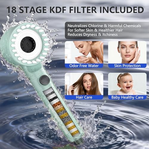 Filtered Shower Head with Handheld, High Pressure Water Flow and Multiple Spray Modes Shower Head with Filter, Power Wash for Hard Water, Showerhead with ON/OFF Switch for Pets Bath (Green) - Image 3