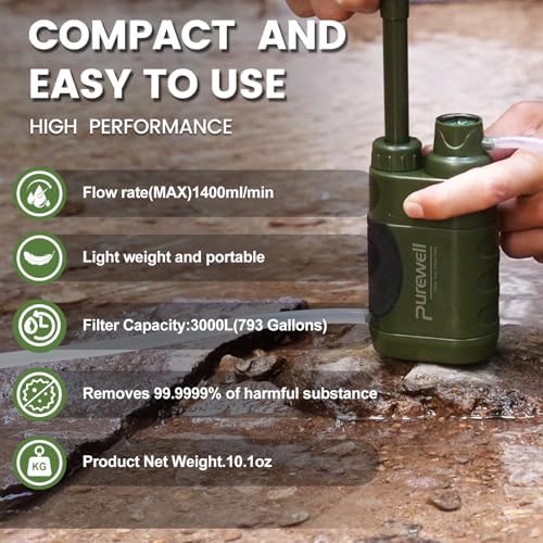 Purewell Water Hand Purifier Pump with Replaceable Carbon 0.01 Micron Water, Stages, Portable Outdoor Emergency and Survival Gear - Camping, Hiking, Backpacking(Green) - Image 6