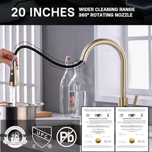 WEWE Pull-Down Kitchen Faucet, 3-Mode Sprayer, Gold, High Arc - Image 3
