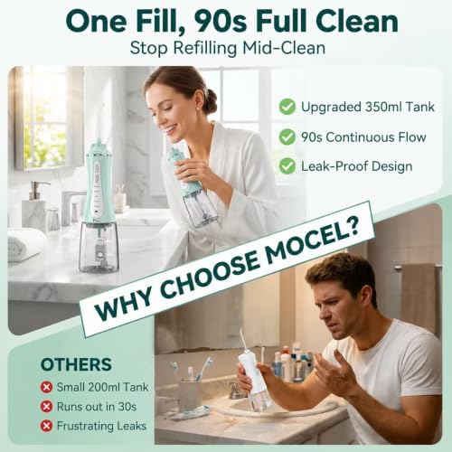 MOCEL Water Dental Flosser for Teeth - 350ML Large Tank 5 Modes & 6 Tips Cordless, Oral Irrigator Waterproof, Portable Teeth Cleaning and Flossing with Effective Plaque Remover for Adults (Green) - Image 5