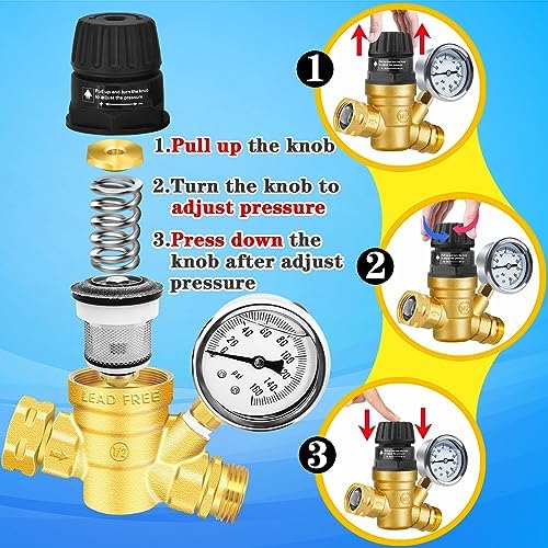 RV Water Pressure Regulator with Adjustable Handle,Upgrade Water Pressure Reducer, RV Water Regulator Valve with 2 Inlet Screened Filters, for RV Camper, Travel Trailer (Style 1-Handle Adjustable)… - Image 3