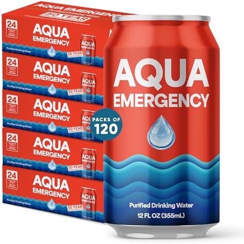 Aqua Emergency Drinking Canned Water- (120 Cans) 12 fl Oz (50 Years) Shelf Life for Everyday Hydration, Emergency, Survival Use-Purified via Reverse Osmosis | Plant-Based, BPA Free, Eco-Friendly Packaging, Made in USA -5 Case by AquaEmergency