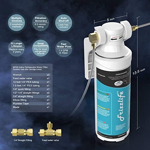 Frizzlife Inline Water Filter System for Fridge, Ice Maker, Under Sink, Certified 0.5 Micron Reduces Chlorine, Lead, Long Lasting, Compression Brass Fittings Fits for Copper Tubing, MS99 - Image 6
