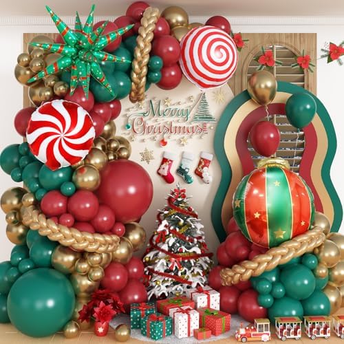 Christmas Balloon Garland Arch Kit, 101PCS Dark Red Green Gold Xmas Balloon Set with Lollipop Explosion Star Mylar Foil Balloons for New Year Holiday Birthday Prom Party Decorortions Supplies by Paeyeq