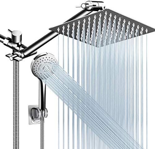 Shower Head Combo,8 Inch High Pressure Rain Shower Head with 11 Inch Adjustable Extension Arm and 5 Settings Handheld Shower Head Combo,Powerful Shower Spray Against Low Pressure Water with Long Hose by PINWIN
