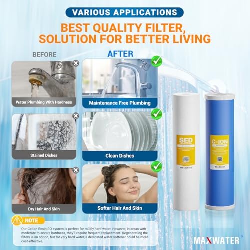 Max Water 20" x 4.5" BB Hard Water Replacement Filter Set - 20" Sediment + Cation Resin Cartridge for Hard Water Treatment & Sediment Removal | Fits Standard Whole House Water Filter Systems - Image 6