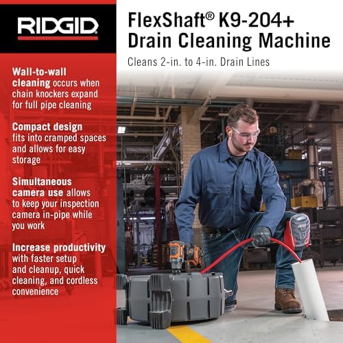 RIDGID 76198 FlexShaft K9-204+ Drain Cleaning Machine for 2" to 4" Pipe, Professional Wall-to-Wall Drain Cleaning Machine with 70' of 5/16" FlexShaft Cable - Image 3