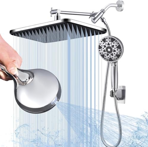 14 Inch Square Rain Shower Head Combo, 7 Settings Handheld Spray, Water Saving with Check Valve, Anti-Clog Nozzles, Tool-Free Installation for Bathroom Upgrade by BSTGZLUXU