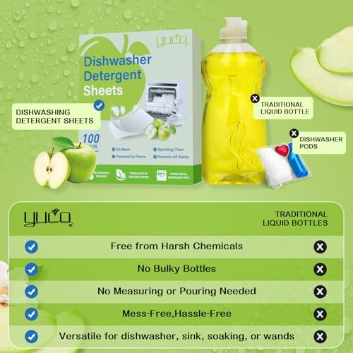 YUCO Dishwasher Detergent Sheets 100 Loads Liquid-Free Dish Soap Cleaner Strips Eco-Friendly No Plastic Dishwasher Pods Detergent Use in Dishwasher or Sink Leaving Dishes Sparkling Clean (Apple) - Image 6
