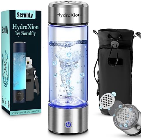 HydroXion Hydrogen Water Bottle – Rechargeable Ionizer Machine with SPE/PEM Technology 1600ppb – Hydrogen Water Bottle Generator – Portable Hydrogenated Travel Bottle – Includes Cover by Scrubly
