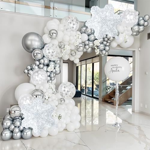 Winter Wonderland Snowflake Balloon Arch Garland Kit, 116PCS White and Silver Latex Balloons with Snowflake Foil Balloons for Winter Onderland New Year Wedding Birthday Christmas Party Decorations - Image 4