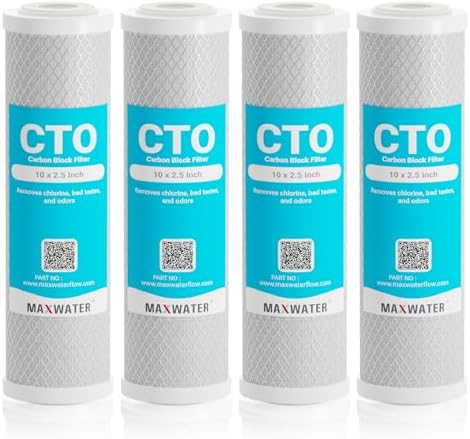 Max Water 5 Micron 10 x 2.5 Carbon Water Filter Cartridge CTO Whole House Water Filter Replacement Compatible with FXWTC, WHEF-WHWC, SCWH-5, 4-Pack by MaxWater