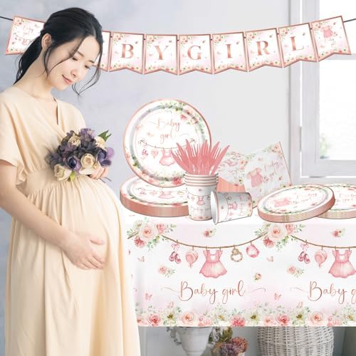 Rose Gold Baby Shower Tableware Set,Pink Girl Baby Shower Plates and Napkins Sets Include Baby Shower Plates Napkins Cups Floral Baby Girl Tablecloth for Girl Baby Shower Gender Reveal Party Supplies - Image 2