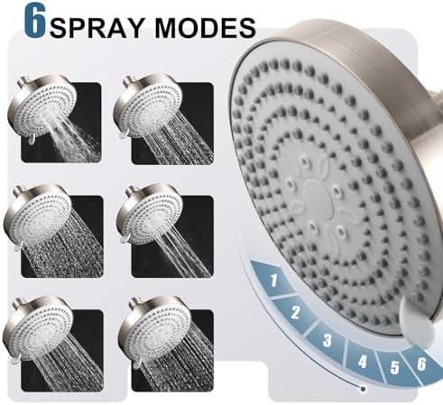 OFFO Shower Head, High Pressure Shower Head with 6 Mode, Fixed Showerheads for Strong Water Flow & Relaxing Shower Experience, Brushed Nickel - Image 4