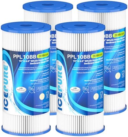 ICEPURE 20 Micron 10" x 4.5" Whole House Extra Coarse Pleated Sediment Filter for Well Water, Replacement Cartridge for GE FXHSC, DuPont WFHDC3001, R50-BB, Culligan R50-BBSA, W50PEHD, 4Pack by ICEPURE