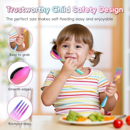 12 Pieces Stainless Steel Rainbow Toddler Utensils Set - Food Grade Kids Silverware Set Children Safe Small Forks and Spoons Mirror Polished Sturdy and Durable Dishwasher Safe - Image 3