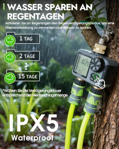 Insoma 2-Zone Sprinkler Timer Brass Inlet/Outlet, Water Hose Timer with Auto/Manual Modes + Rain Delay | Big LCD Dispay | Hose Timers for Garden, Yard Lawn, IPX5 Waterproof & Save Water - Image 5