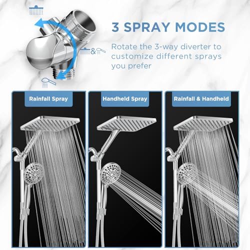 Dual Handheld Shower Head Combo, 2-in-1 Rain Shower Heads System Wide Rainfall Shower Head and 10 Modes High Pressure Hand Held Showerhead with Built-in Power Wash - Chrome - Image 6