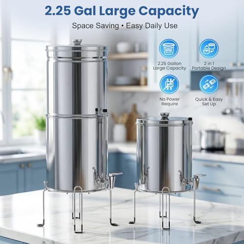 Upgraded Stainless Steel Gravity Water Filter System,2.25 Gallon 6-Stage Countertop Filtration with 4 Filters for Home Kitchen & Outdoor Use,No Electricity Required - Image 3