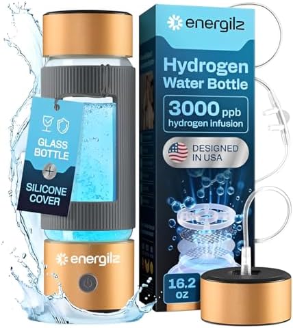 Hydrogen Water Bottle | Large 16.2 oz (480 ml) Hydrogen Water Bottle Generator 3000 ppb | Hydrogenator Machine | SPE/PEM Hydrogenated Ionizer Generator (Golden w/Gray) by Energilz