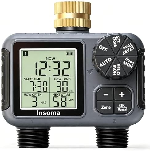 Insoma 2-Zone Sprinkler Timer with Brass Inlet, Water Hose Timer with Auto/Manual Modes + Rain Delay, Big LCD Display, for Garden, Yard Lawn, IPX5 Waterproof & Save Water by Insoma