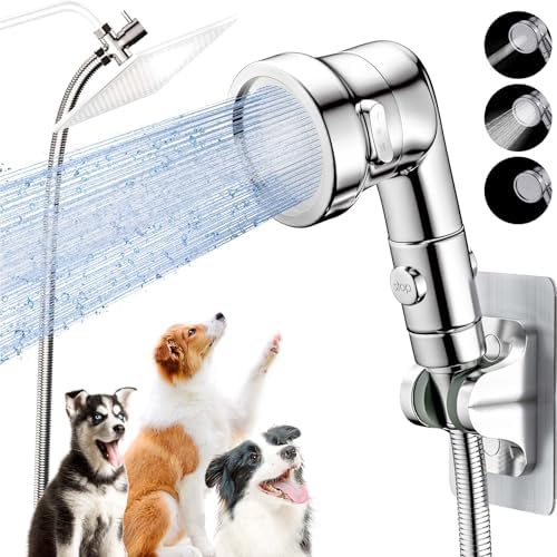 Dog Shower Attachment for Convenient Dog Bath, 3-mode High Pressure Handheld Dog Shower Head, Indoor Shower Dog Wash Sprayer Kit Includes 8.2-Foot Hose, 3-way Diverter, Dog Brush and Adhesive Holder by Ganciu