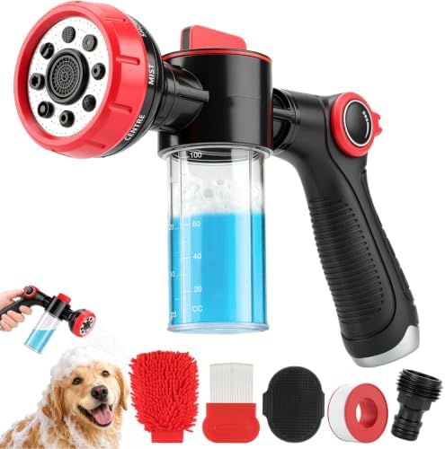 Dog Washing Hose Attachment & Pet Grooming Kit, Dog Bath Sprayer Nozzle with Soap Dispenser, Deshedding Comb, Silicone Massage Brush, Wash Mitt, Heavy Duty Garden Hose Dog Wash Set by Whimsii