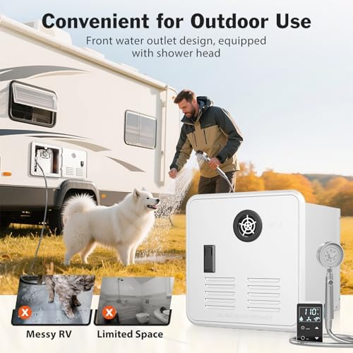 RV Tankless Water Heater with Front Shower Set, 65,000 BTU, 3.9 GPM, 2.80kPa, 12V Instant Endless Hot Water, Remote Control, Front Outlet for All RVs, 15 x 15 inches White Door - Image 4