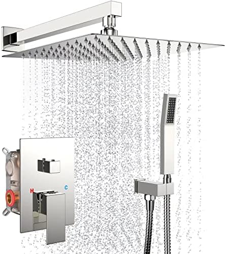Chrome Rain Shower System Faucet Set with Handheld, 12 inch by Dlvsoby