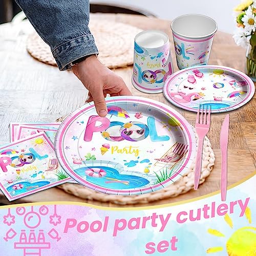 Pool Party Supplies,141pcs Pink Pool Birthday Tableware Decorations Pool Party Plates Cups Summer Theme Napkins Beach Ball Tablecloth for Hawaii Party Decoration - Image 3
