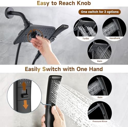 BRIGHT SHOWERS High Pressure Dual Shower Head Combo with Rainfall & Handheld, 4 Spray Settings, Tool-Free Installation, 60" Stainless Steel Hose, Matte Black - Image 3