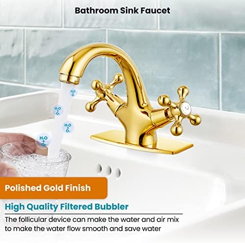 gotonovo Bathroom Sink Faucet 1 Hole Double Cross Handle, Polish Gold - Image 7