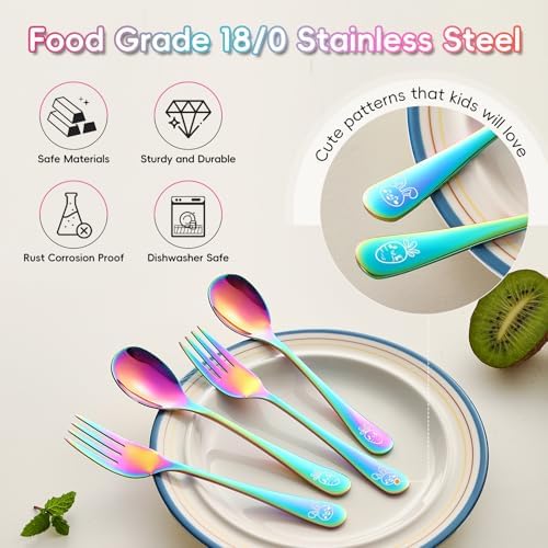12 Pieces Stainless Steel Rainbow Toddler Utensils Set - Food Grade Kids Silverware Set Children Safe Small Forks and Spoons Mirror Polished Sturdy and Durable Dishwasher Safe - Image 4