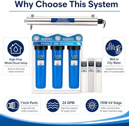 Bluonics 110W Whole House Water Filter System for Well & City Water, 4-Stage Water Filtration System with UV Water Treatment, Triple 20 x 4.5 Sediment & Carbon Filters, 1 Inch MNPT, 24 GPM - Image 4